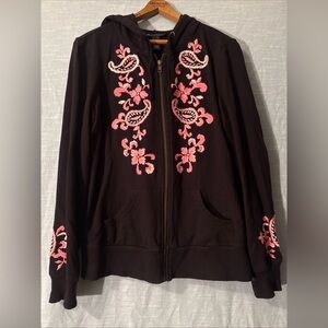 International Concepts Sweatshirt Hooded Zip Up Black Embroidered Women’s Sz XL